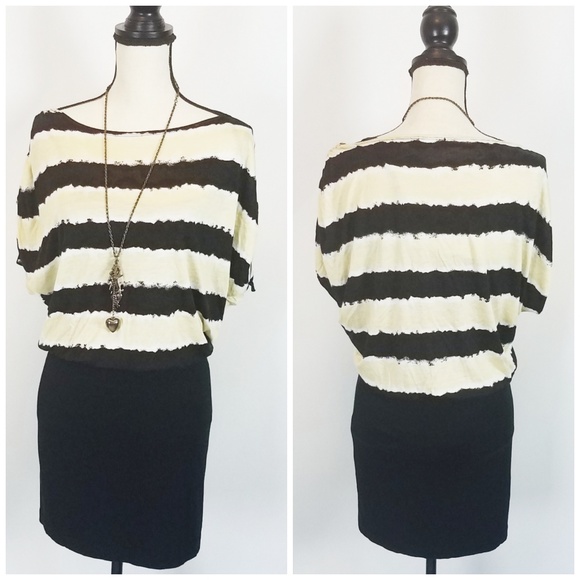 anthropologie Dresses & Skirts - Ella Moss Beige Black Striped Cap Sleeve Dress